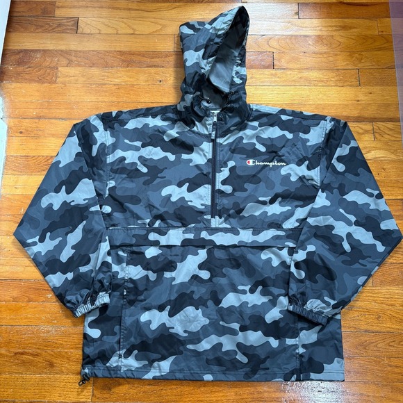 Champion Mens XL Stadium Jacket Gray Camo 1/2 Zip Packable Hooded Windbreaker - Picture 1 of 7